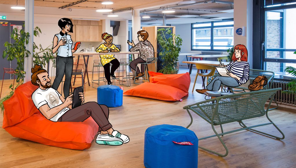 Personnages illustrés sur photo de la salle de pause